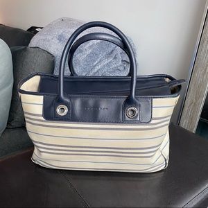 Authentic BURBERRY Canvas Leather Tote Hand Bag Navy Ivory